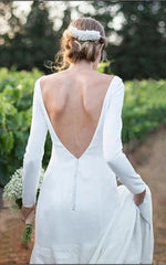 Simple Chiffon Sheath Bateau neck Deep V Back Bridal Gown with Chapel Train