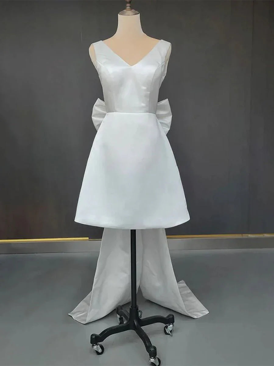 A Line Satin V Neck Short Wedding Dress with Large Bow