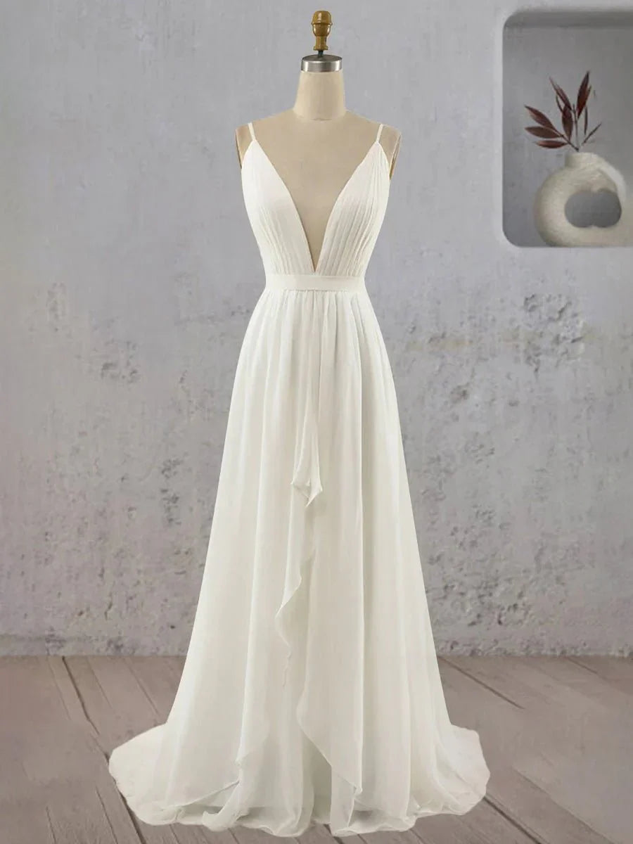 A Line V Neck Straps Spaghetti Sheath Chiffon Wedding Dress