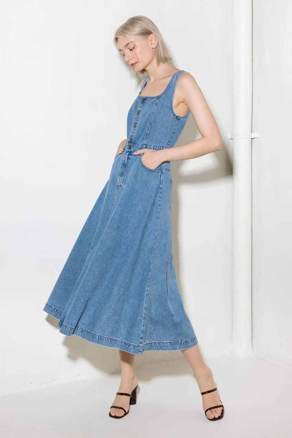 SOFTLY ROMANTIC SQUARE NECKLINE DENIM MIDI DRESS