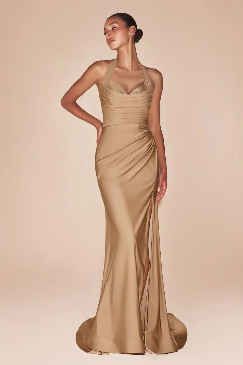 Autumn Gown Stretch Spandex Satin Halter Fitted Dress