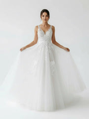 A Line V Back Long White Wedding Dress with Lace Appliqued