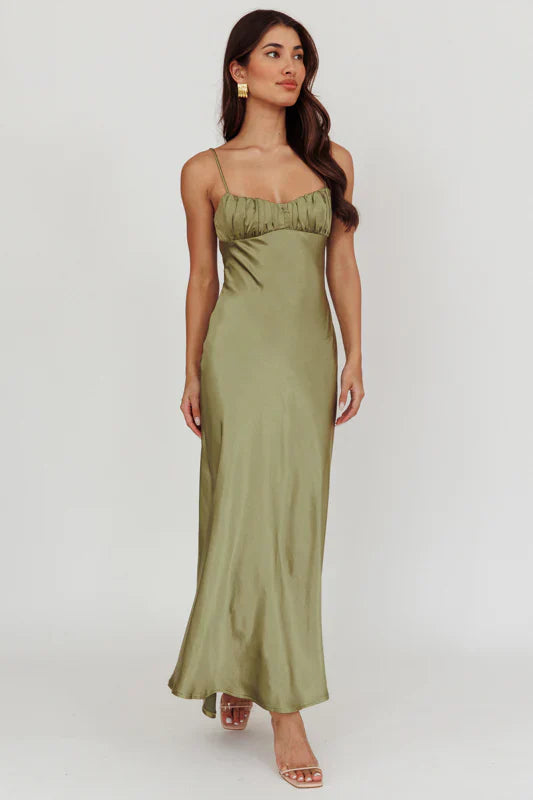 Paula Maxi Dress Olive Green Satin Slip Dress