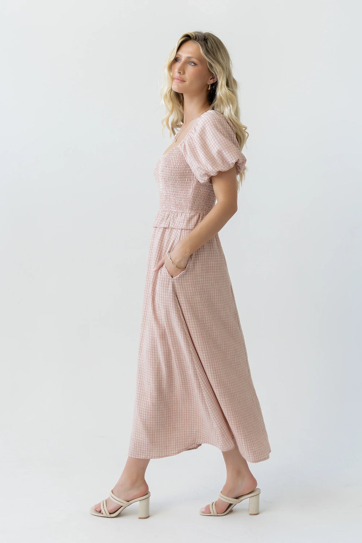 Renley Plaid Midi Dress in Clay