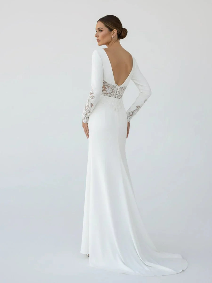 Casual V neck mermaid Sweep Train Long Sleeve Wedding Dress With Slit