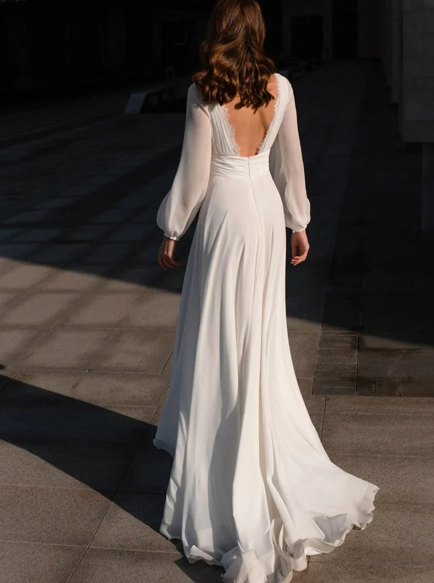 Boho A Line White V Neck Long Sleeve Wedding Dress