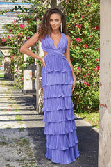 Saylor Pleated Satin Ruffle Maxi Dress Periwinkle
