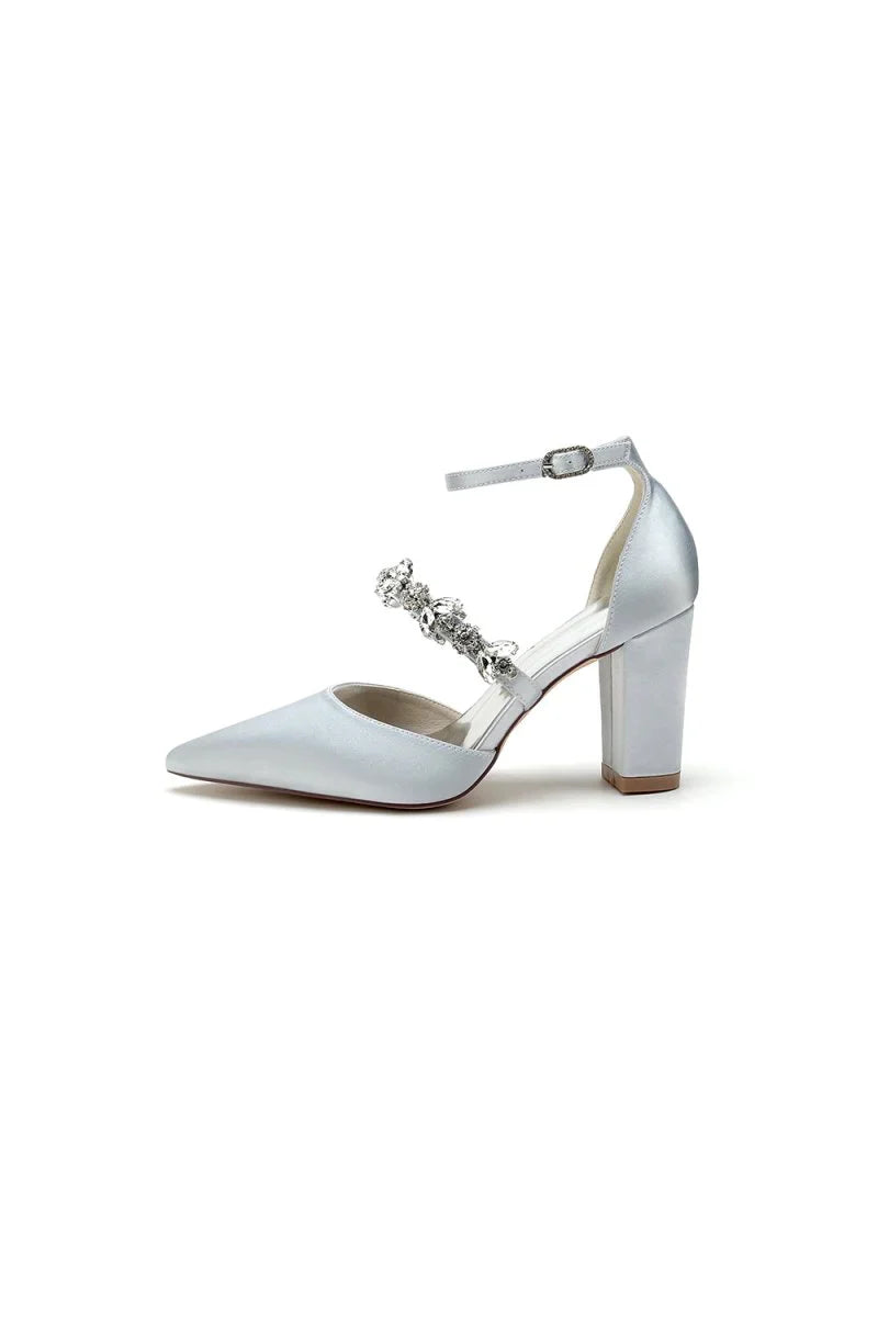 Satin Pointed Toe Rhinestone Strappy Chunky Heels