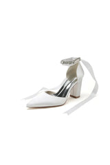 Rhinestone Ribbon Pointed Toe Ankle Strap Chunky Heel