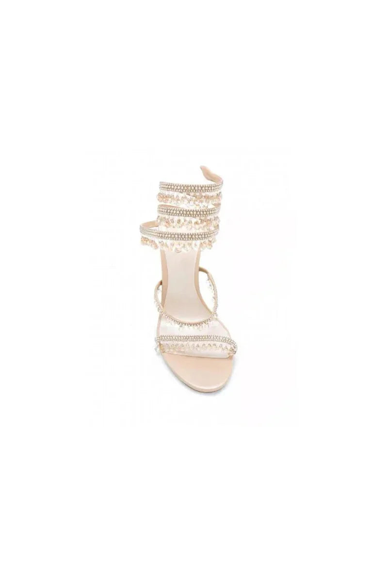 Open Toe Ankle Wrap Beaded Crystal Stiletto Heels