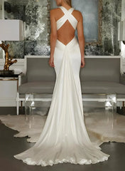 Mermaid V Neck Sleeveless Sweep Train Silk Like Satin Wedding Dresses