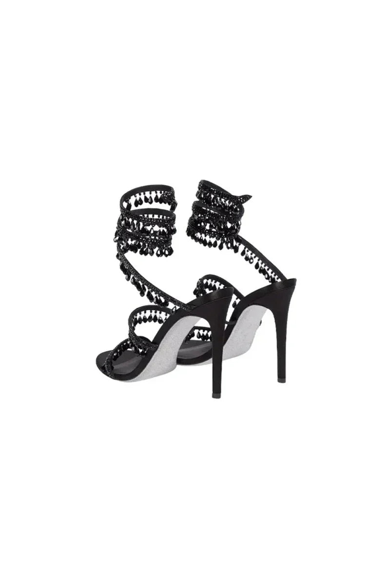 Open Toe Ankle Wrap Beaded Crystal Stiletto Heels