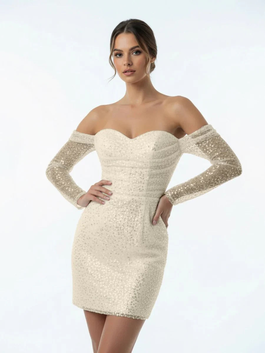 Chic Short Sequined Backless Wedding Dress With Long Detachable Sleeves