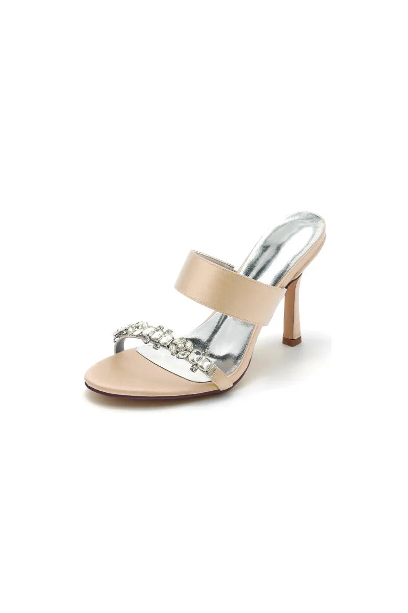 Open Toe Satin Strap Slip On High Heels With Rhinestone