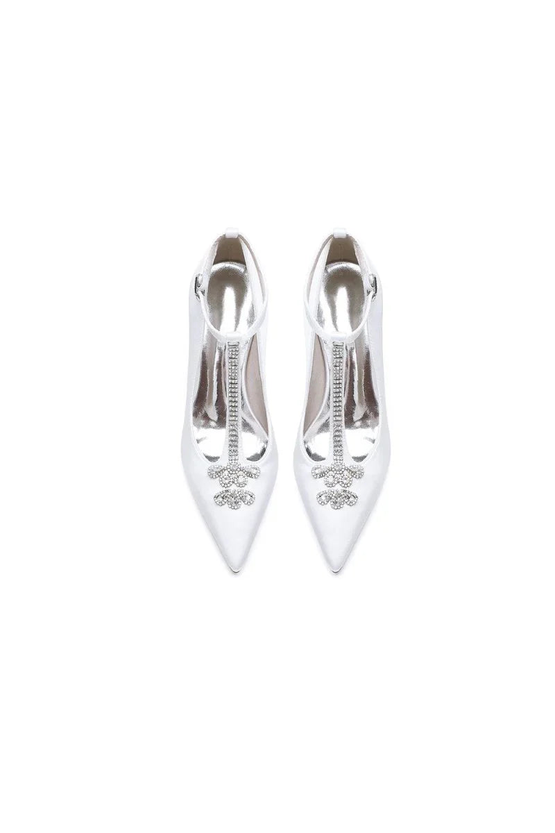 White Leather Pump with Silver Chain and Crystal Accent