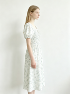 White Floral Puff Sleeve Midi Dress