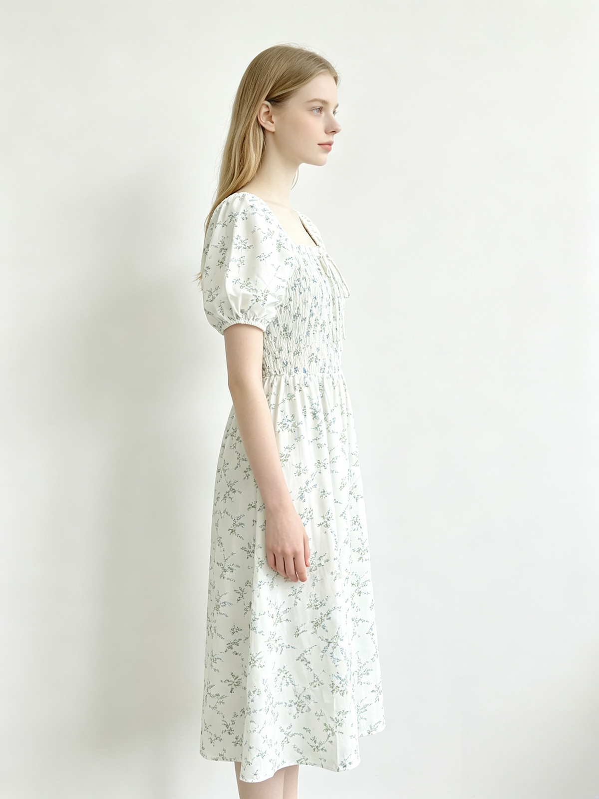 White Floral Puff Sleeve Midi Dress
