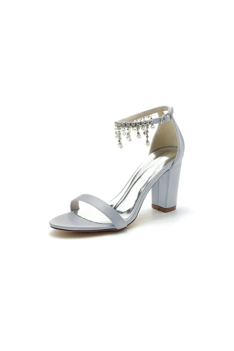Open Toe Block Heels with Rhinestone Tassel