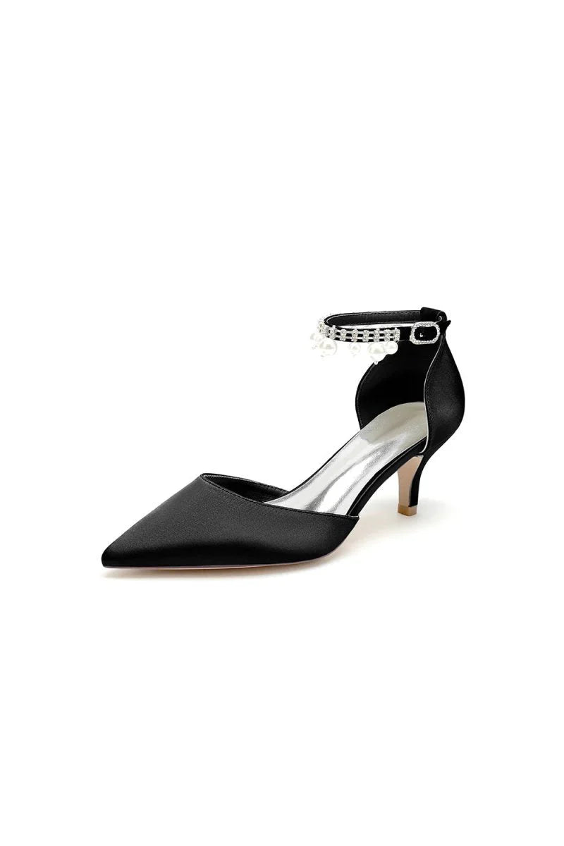 Pointed Toe Pearl Strap Kitten Heels