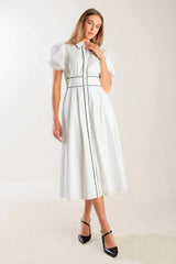 VINTAGE VIBES PUFF SLEEVE MIDI DRESS WHITE
