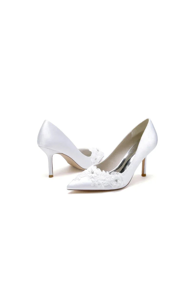 White Wedding Shoes Stiletto Heel Satin With Lace