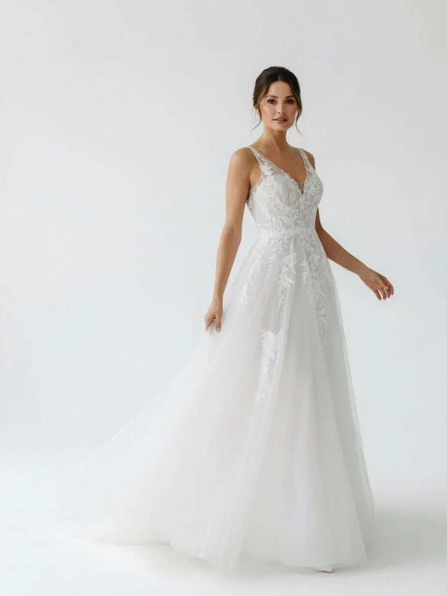 A Line V Back Long White Wedding Dress with Lace Appliqued