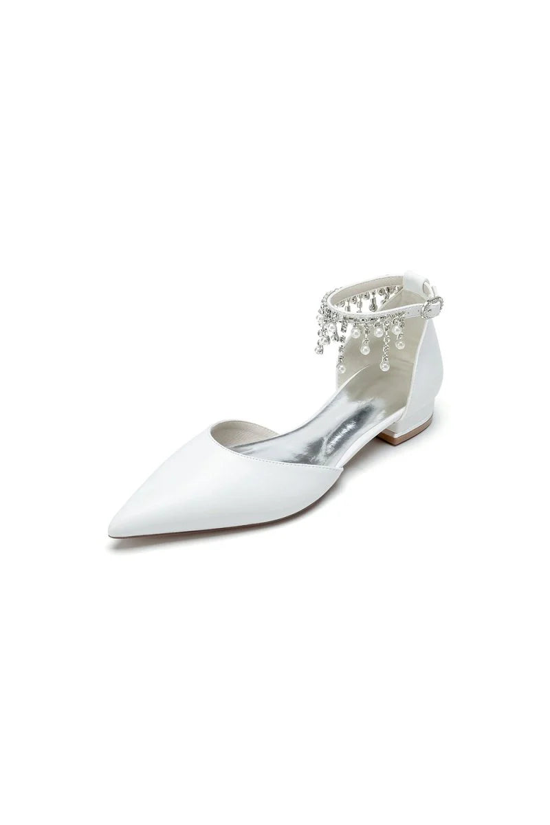 White Pearl Beaded Ankle Strap Pointed Toe Low Heels