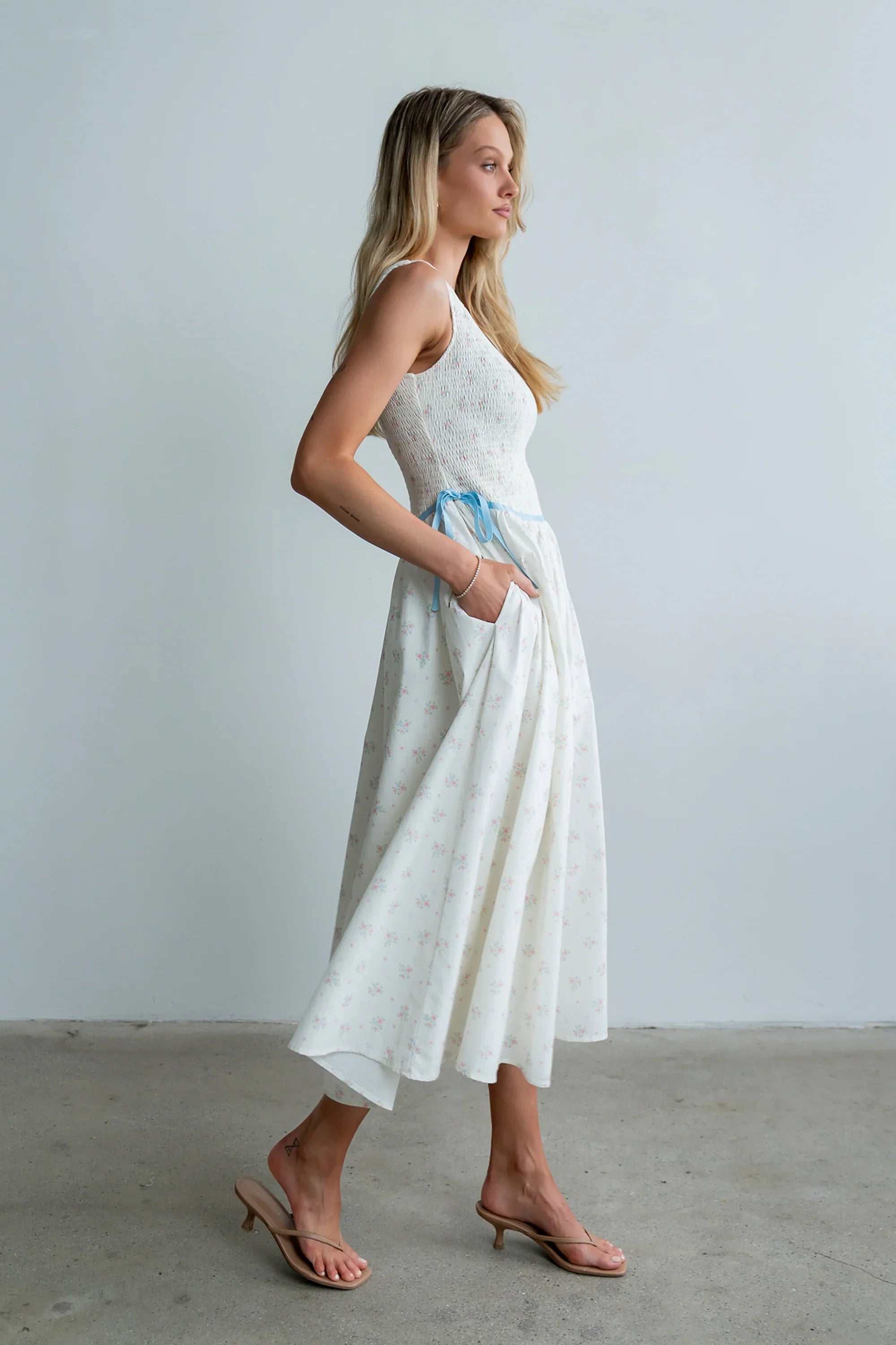 Kammie Smocked Midi Dress in Cream