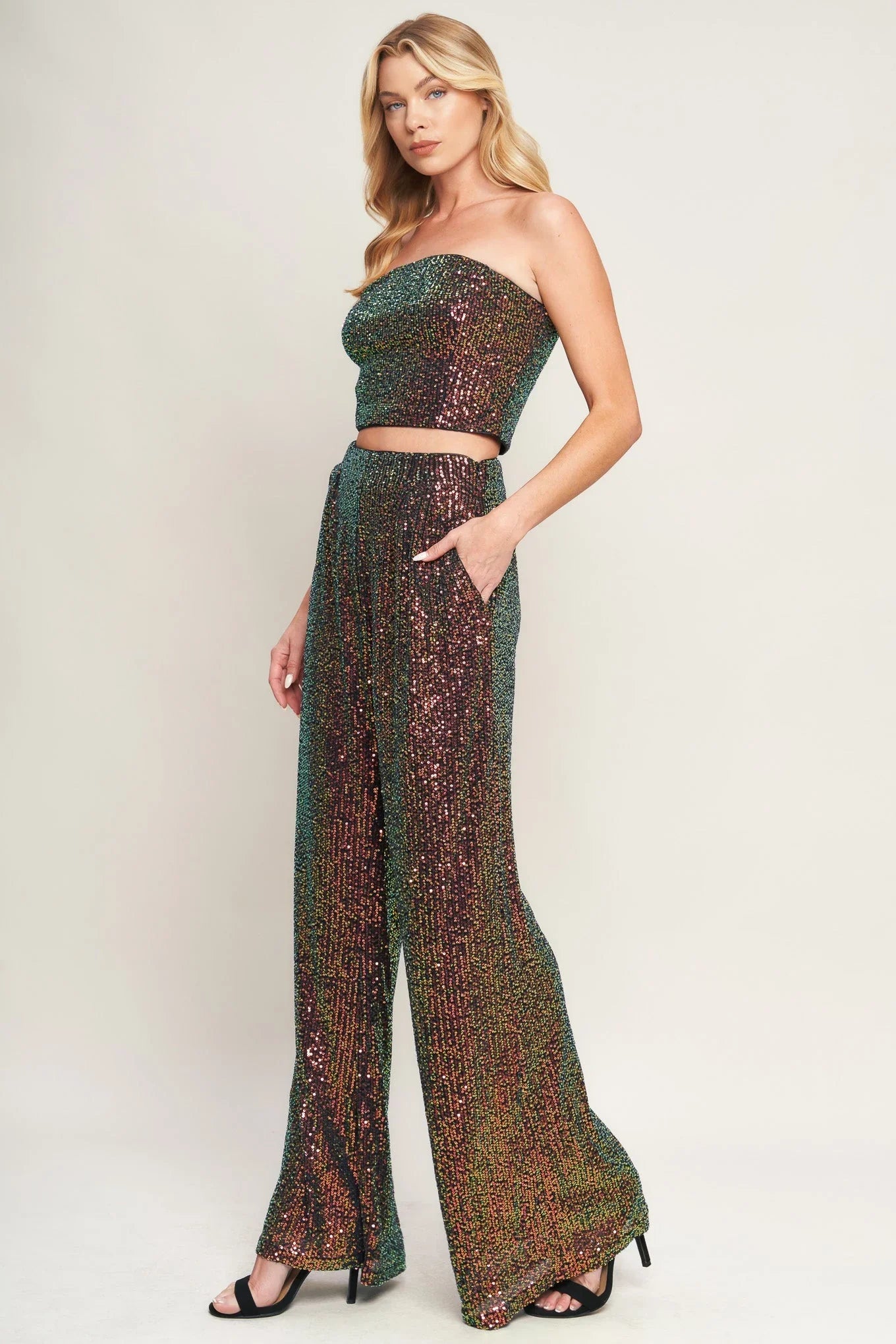 CHARMING COMPOSURE SEQUIN CROP TOP PANT SET FINAL SALE
