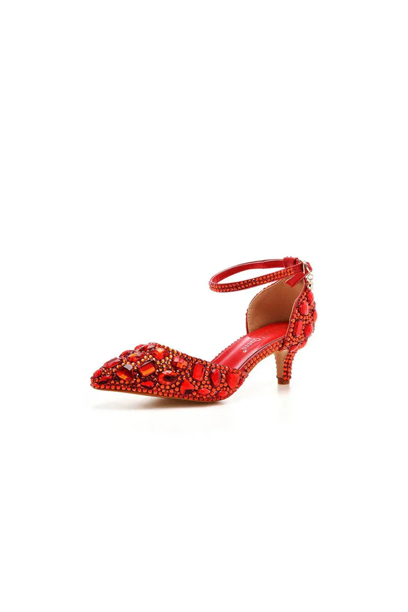 Pointed Toe Crystal Diamond Ankle Strap Kitten Heels