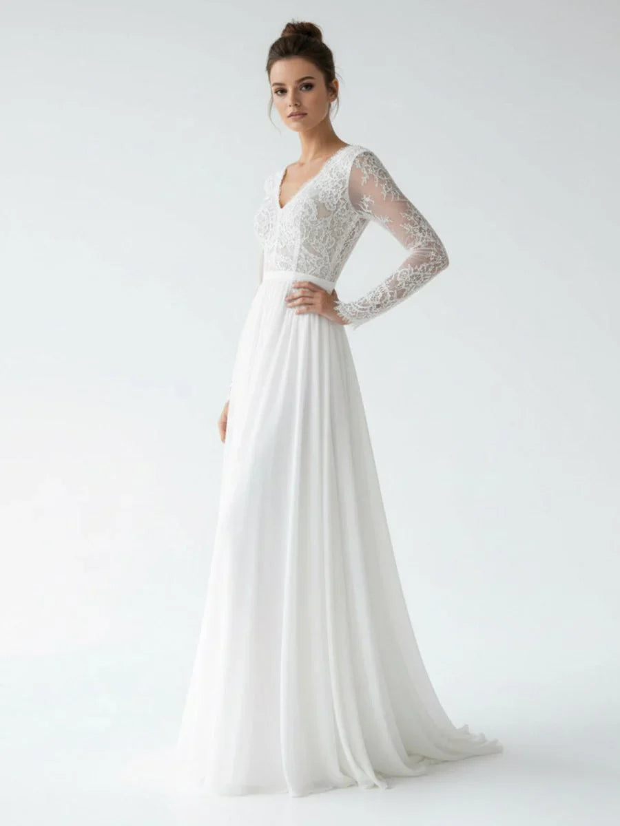 Romantic Modern A Line Floor length Chiffon Lace V neck Long Sleeve Wedding Dress