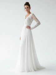 Romantic Modern A Line Floor length Chiffon Lace V neck Long Sleeve Wedding Dress