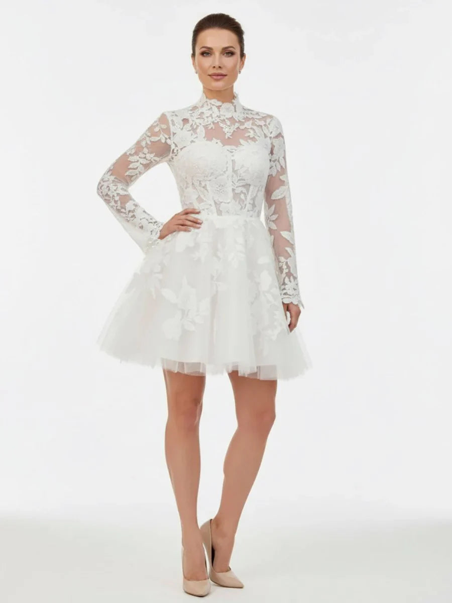 Short White A Line Illusion Neck Long Sleeves Lace Wedding Dresses