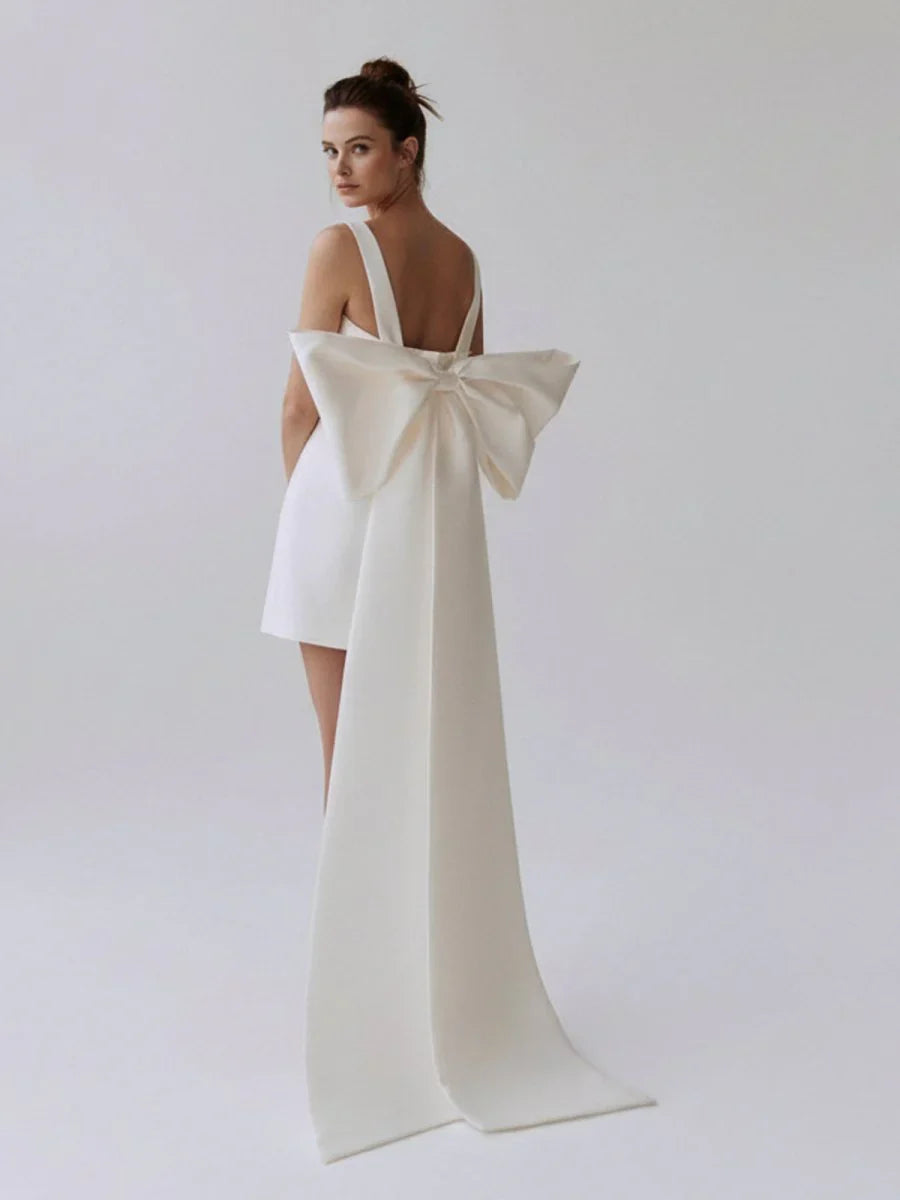 Square Neck White Satin Short Wedding Dress with Bow Back and Veil