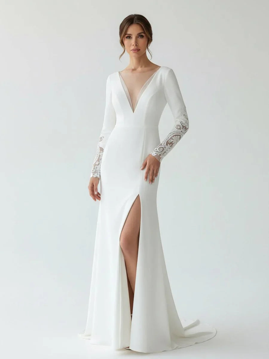 Casual V neck mermaid Sweep Train Long Sleeve Wedding Dress With Slit
