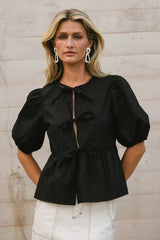 Natalia Peplum Tie Blouse in Black FINAL SALE
