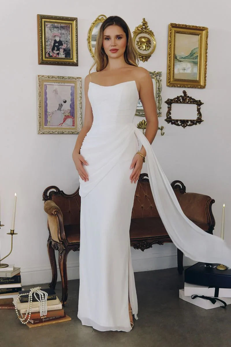Skyler Gown Off White Strapless Draped Chiffon Dress