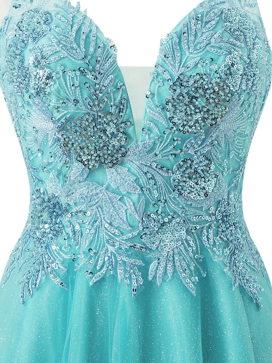 A line Short Spaghetti Strap Glitter Tulle Homecoming Dress