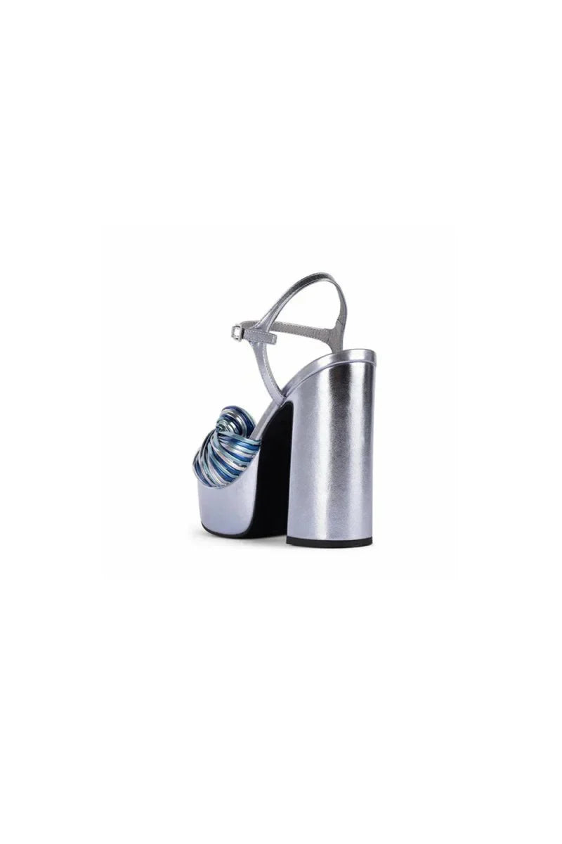 Silver Chunky Knotted Block Heel Platform Sandals
