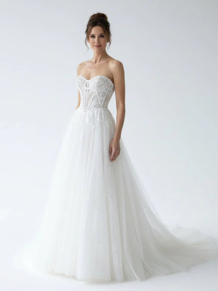 Charming A Line Strapless Tulle Lace Wedding Dresses