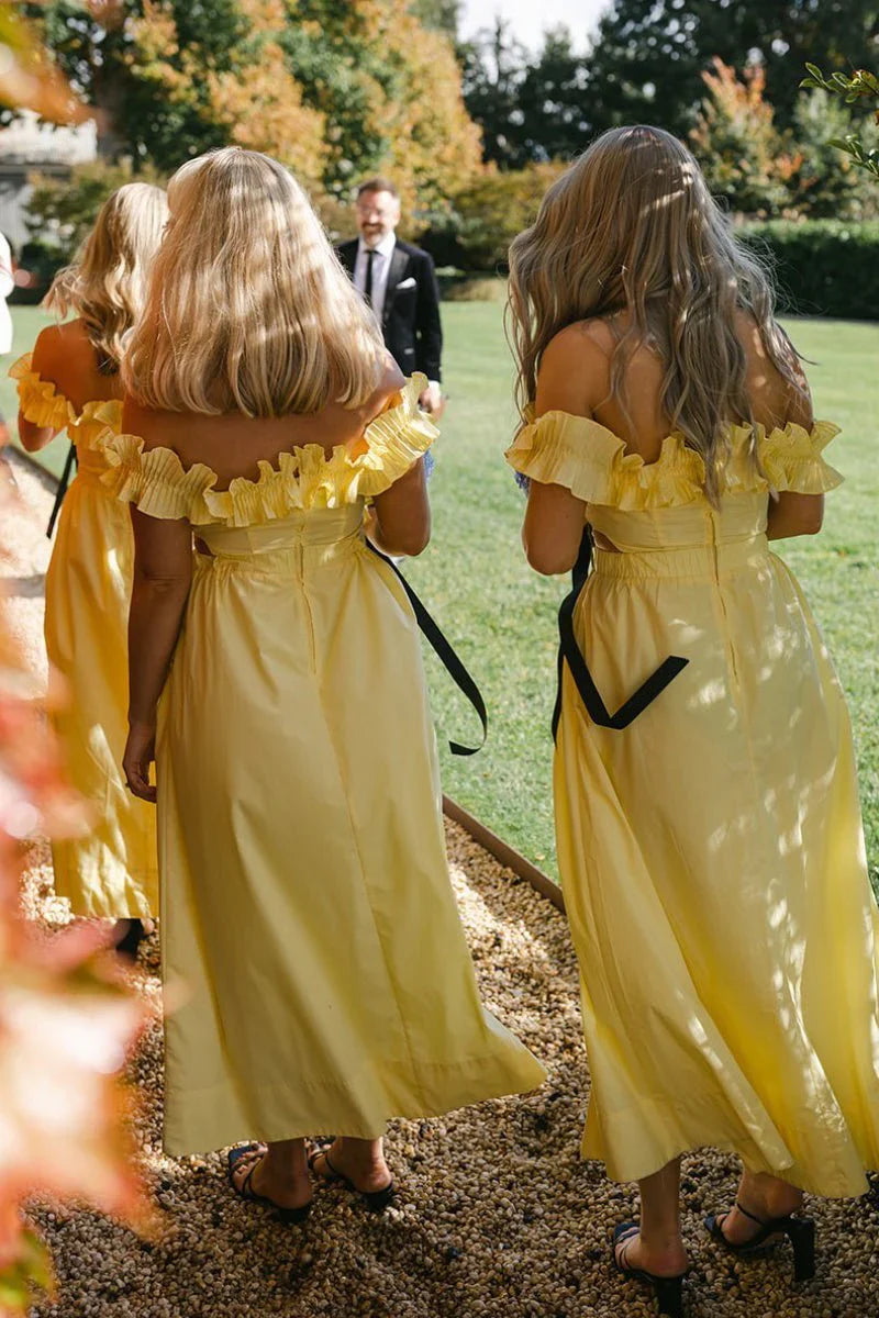Yellow Off the Shoulder Ruffle Cotton Ankle Length Bridesmaid Dresses