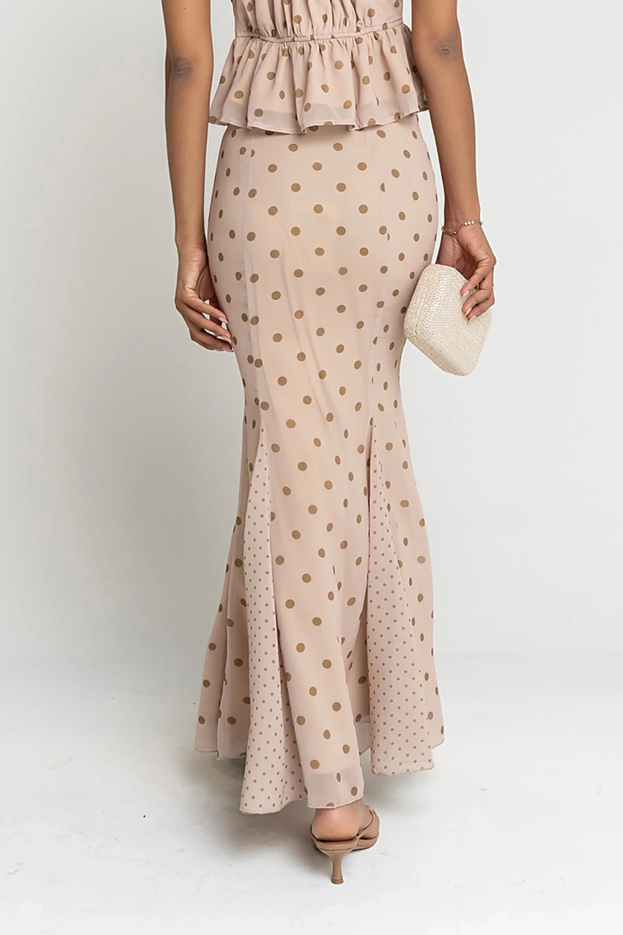 Freida Polka Dot Maxi Skirt in Taupe