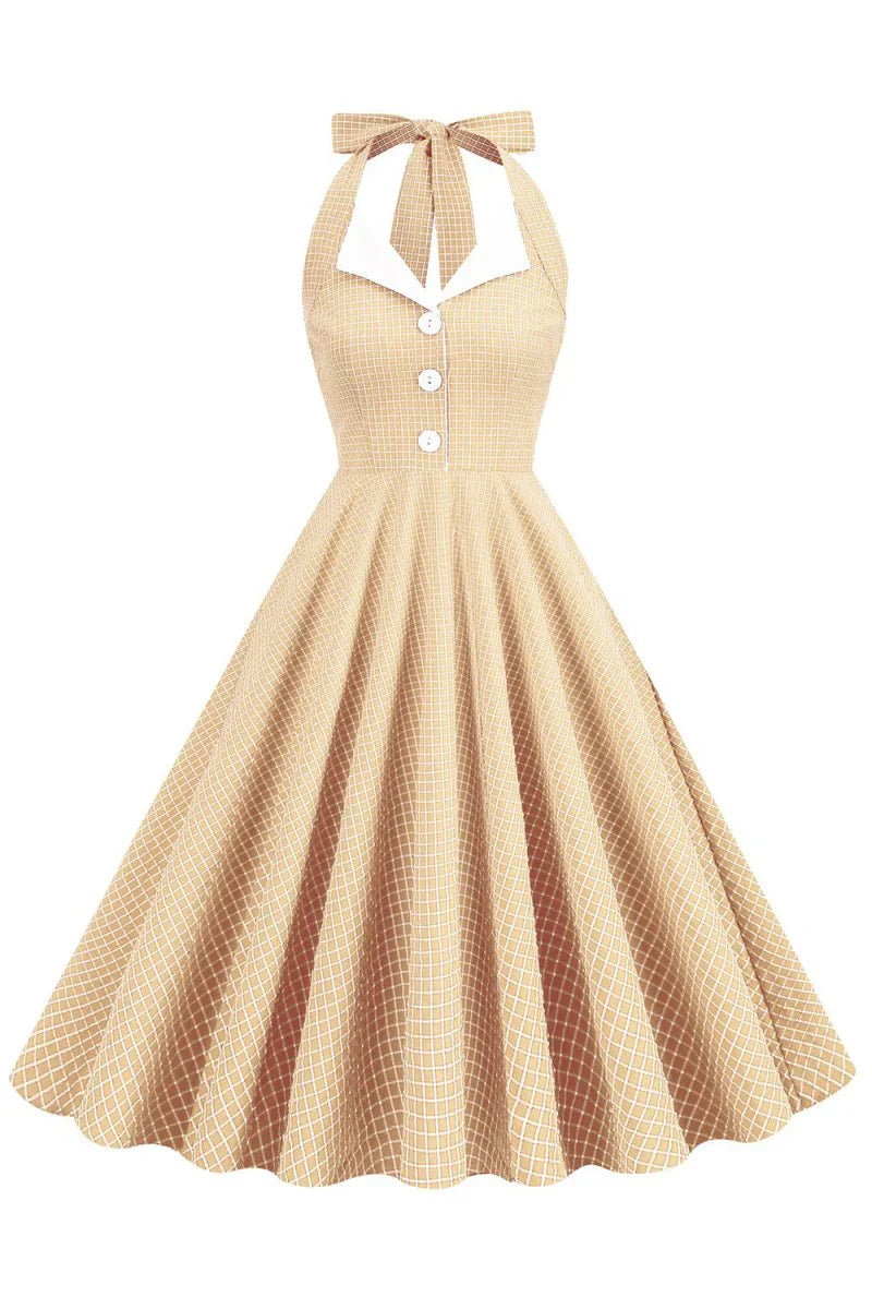 Retro Style Halter Neck Green 1950s Dress with Button