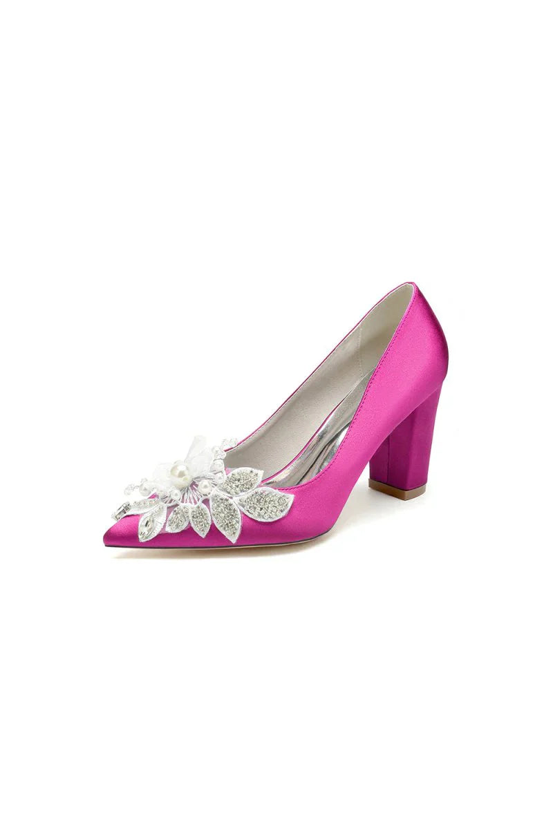Floral Beaded Pointed Toe Chunky Heel