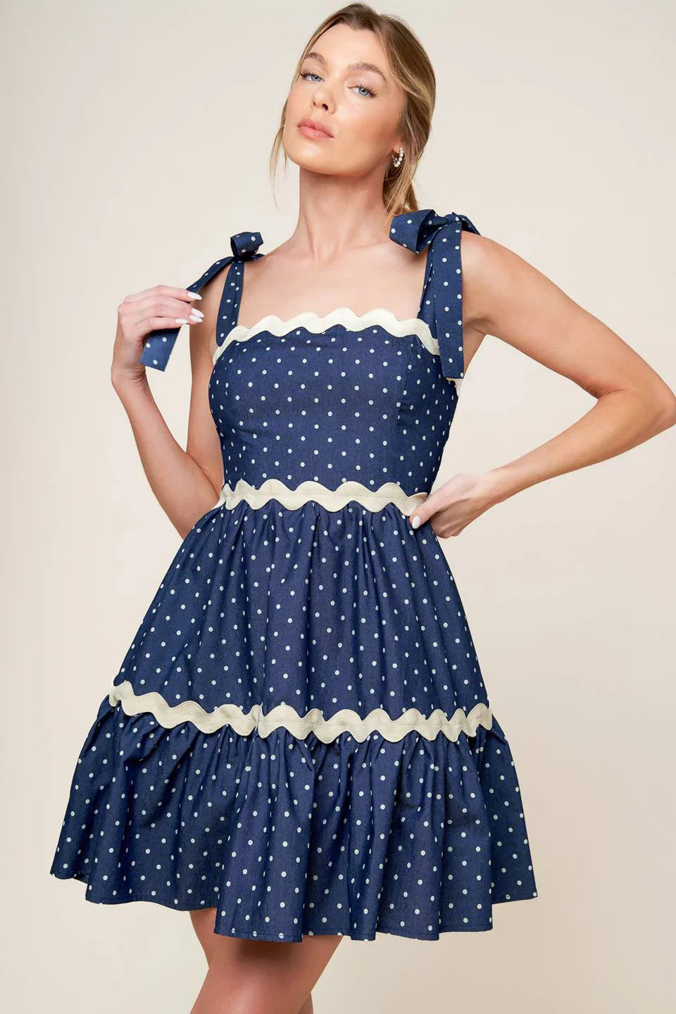 BLUE WHITE POLKA DOT MINI DRESS INDIGO
