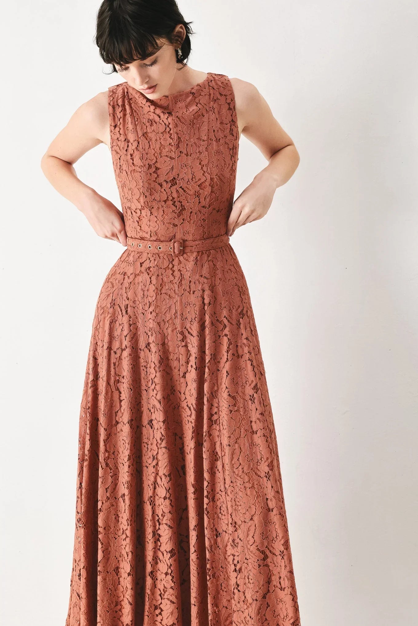 TRUE ROMANCE RUST LACE MIDI DRESS