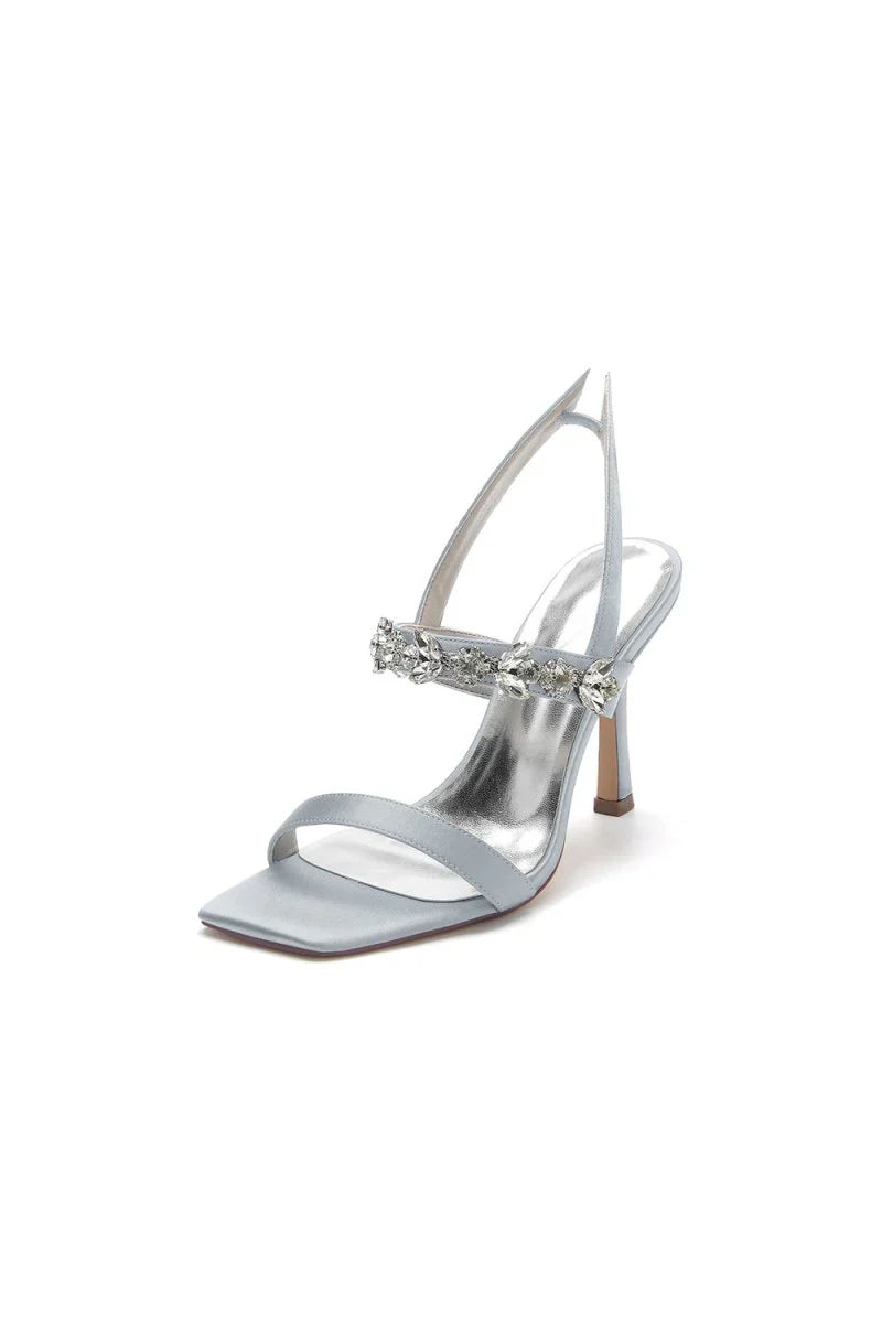 Unique Square Open Toe Crystal Strap Chunky Heels