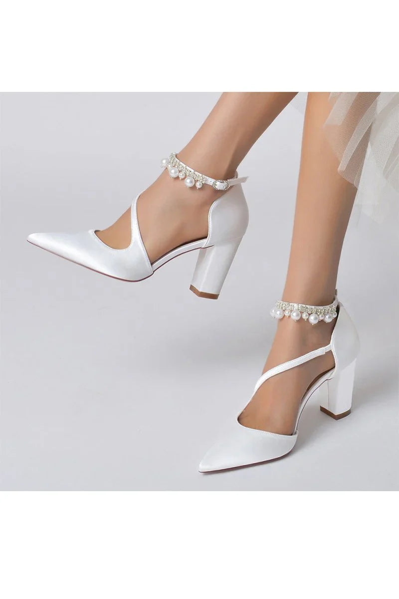 White Satin Heels with Cross Strap Design and Pearl Accented Buckle