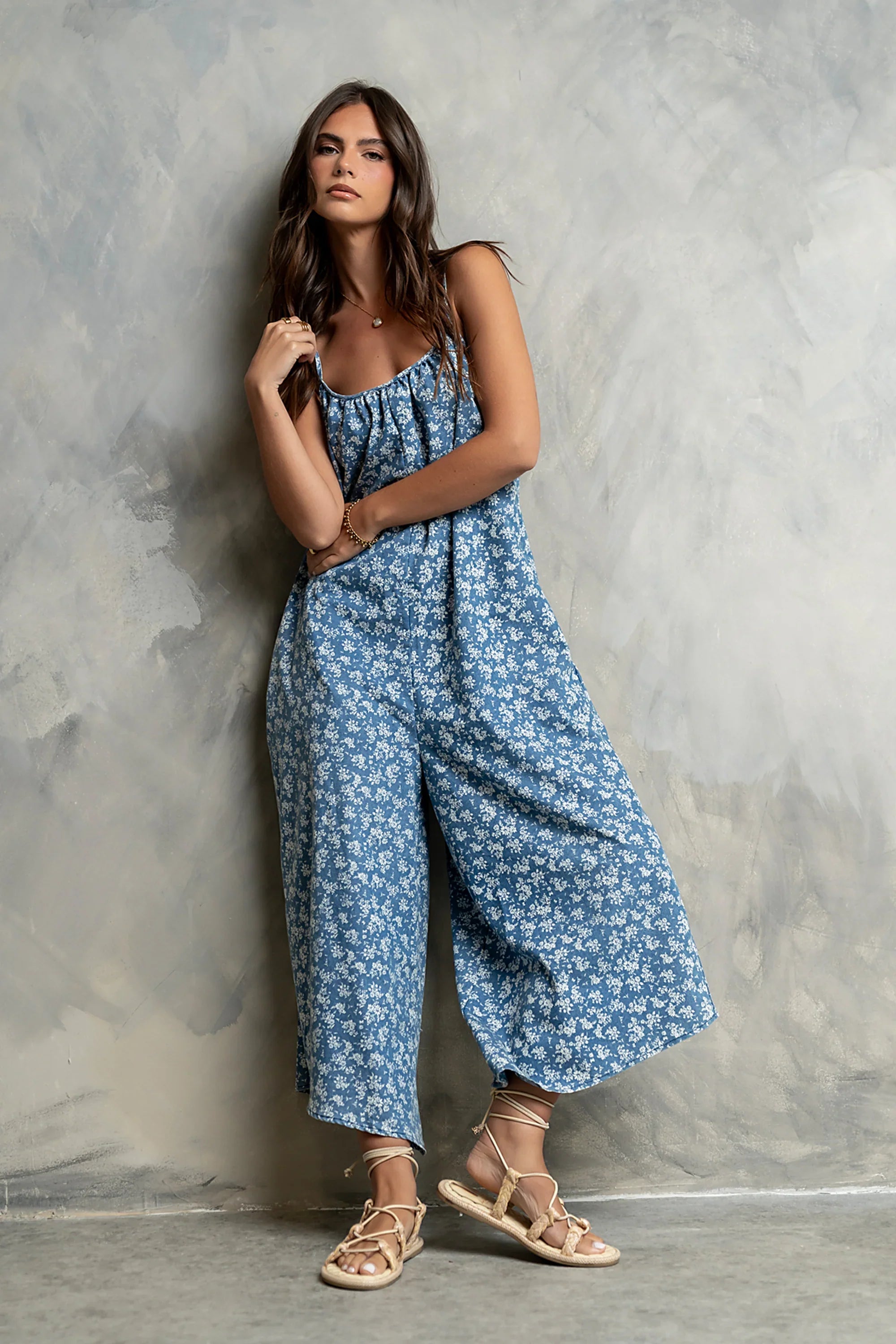 Brookelle Denim Floral Jumpsuit in Dark Wash