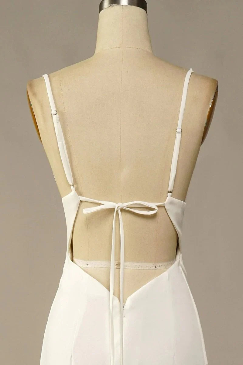 Simple Spaghetti Straps Long Soft Satin Ivory Mermaid Beach Wedding Dresses